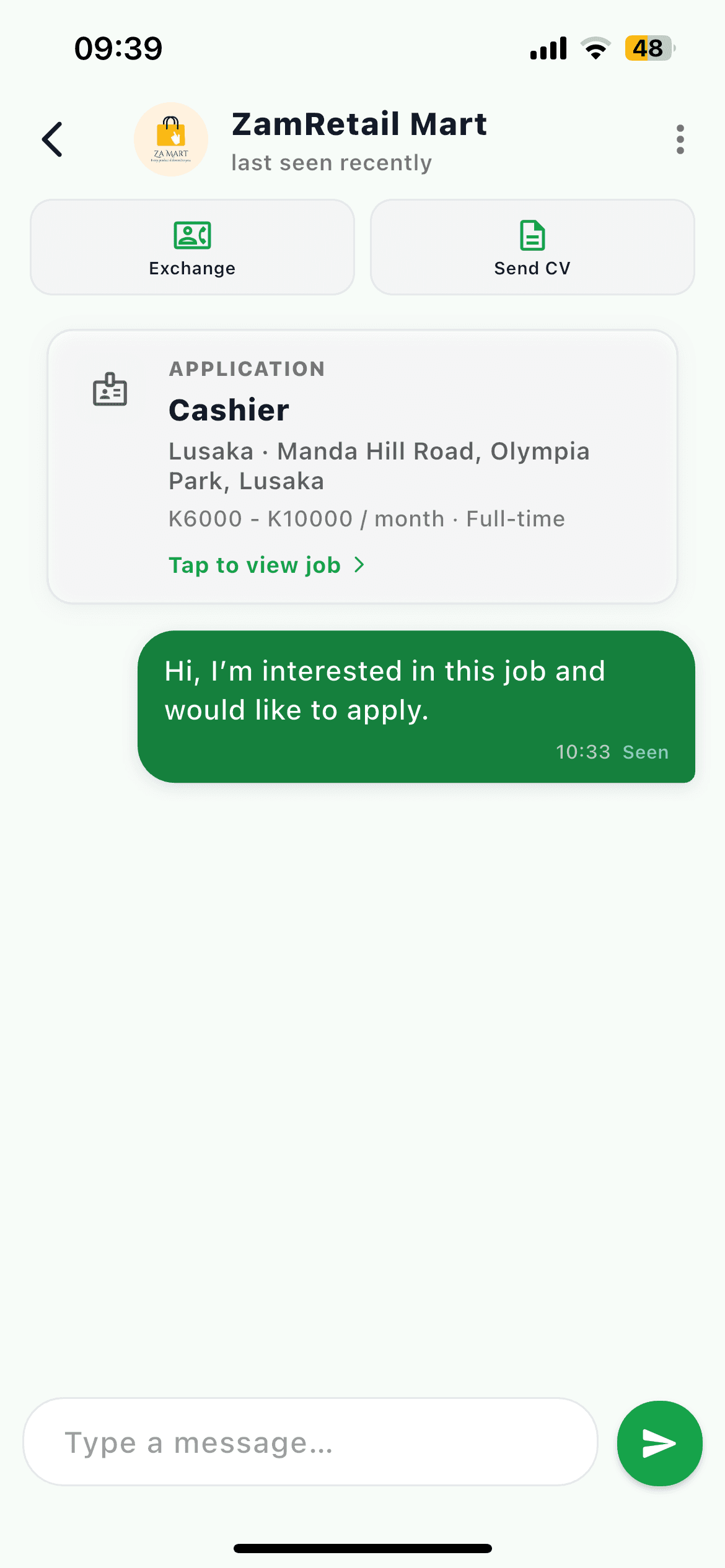 NTCHITO in-app chat with an employer
